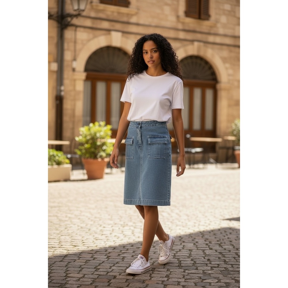 A.P.C. Women Medium‎ Wash Blue Cotton Denim Cargo A-Line Skirt Button Front 15W